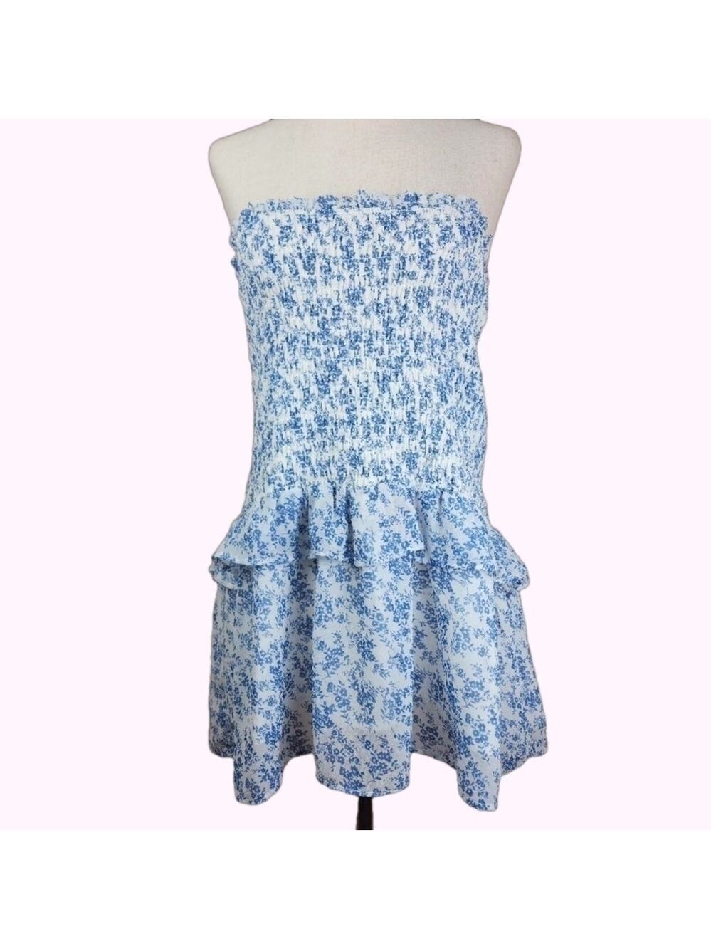 New Blue White Ditzy Floral Smocked Tiered Chiffon Peplum Strapless Top M